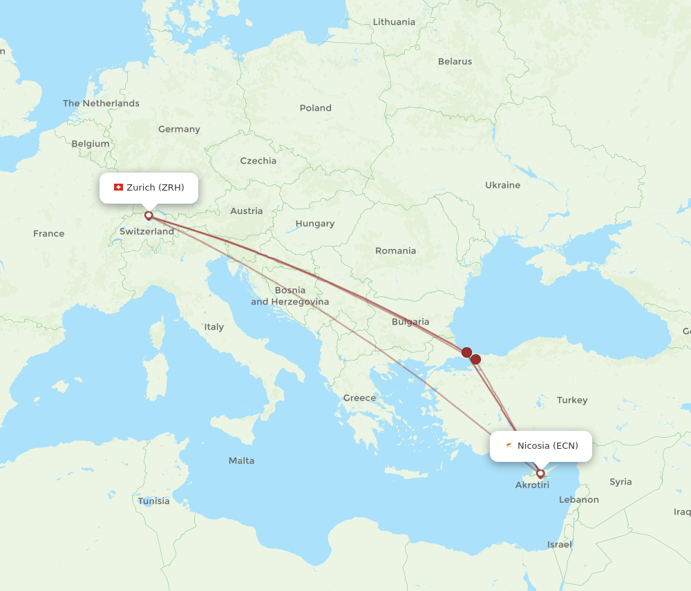 Zurich - Ercan route map and flight paths