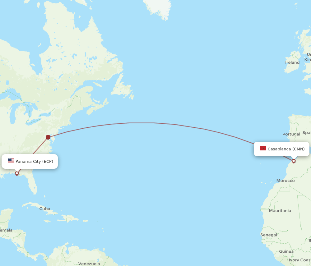 Casablanca - Panama City route map and flight paths