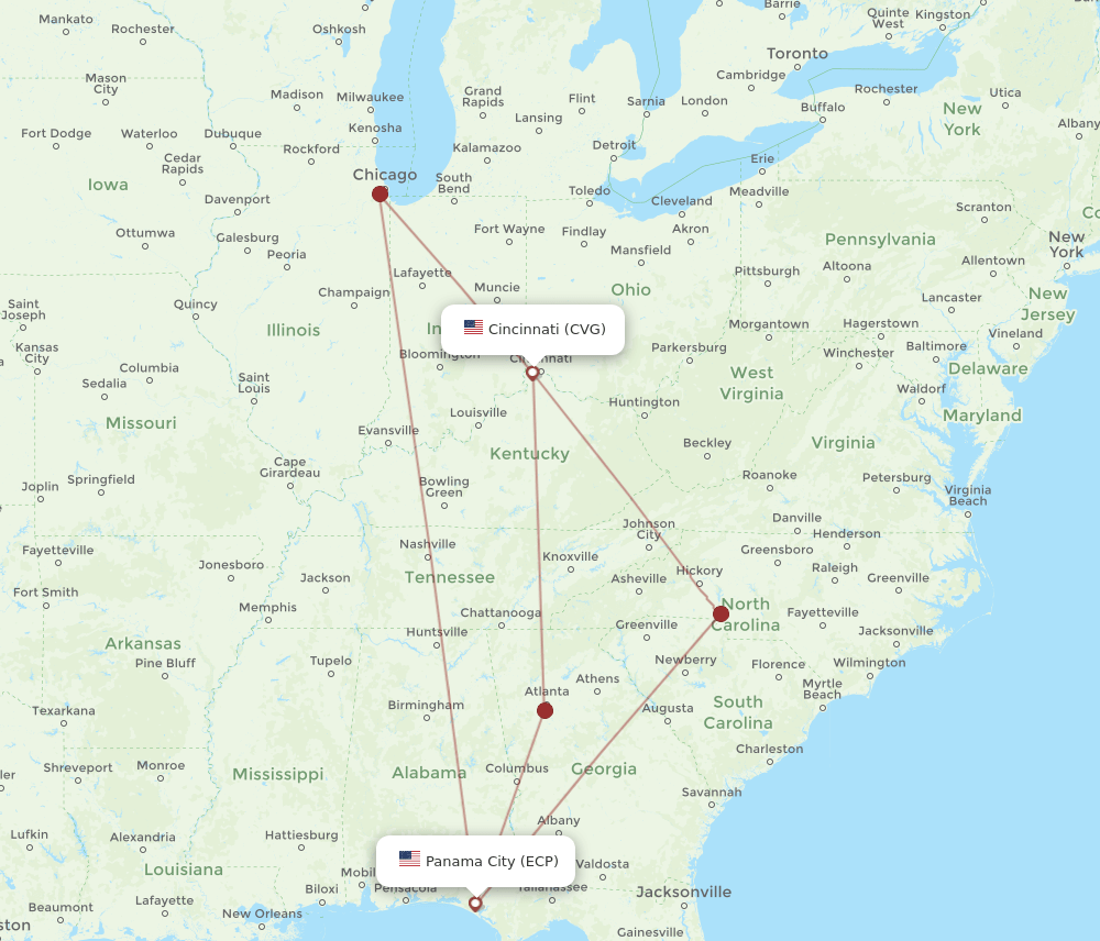 ECP to CVG flights and routes map