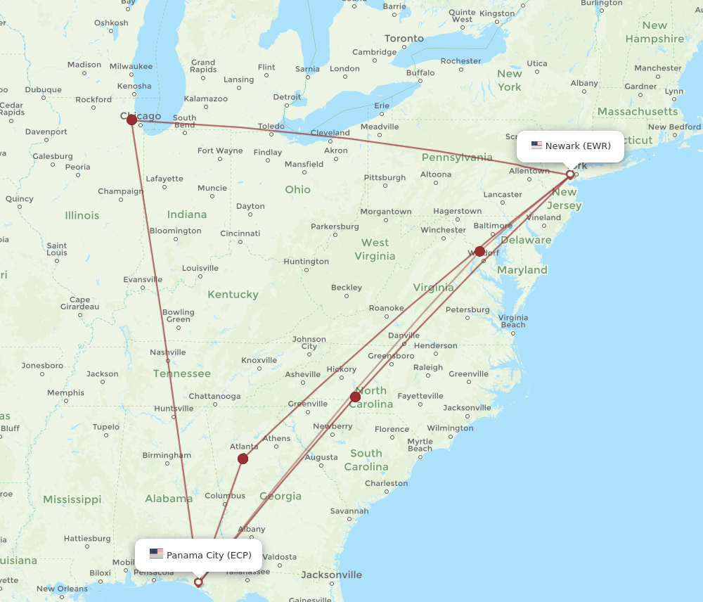ECP to EWR flights and routes map