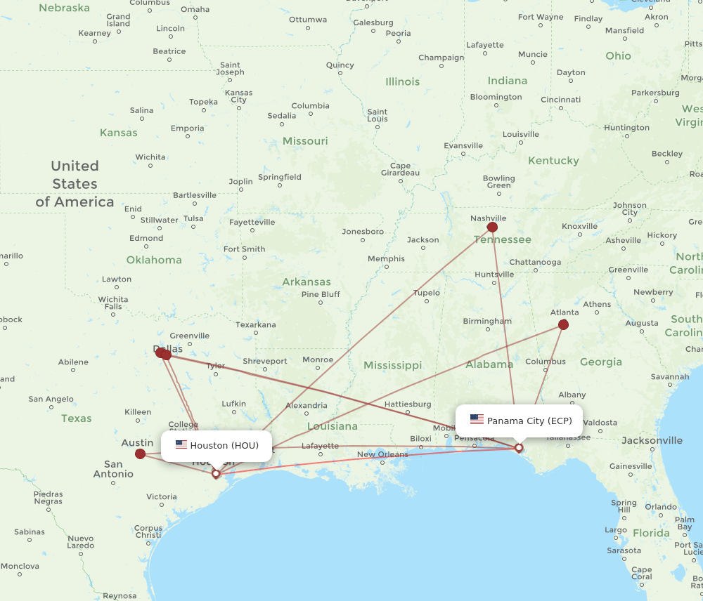 ECP to HOU flights and routes map