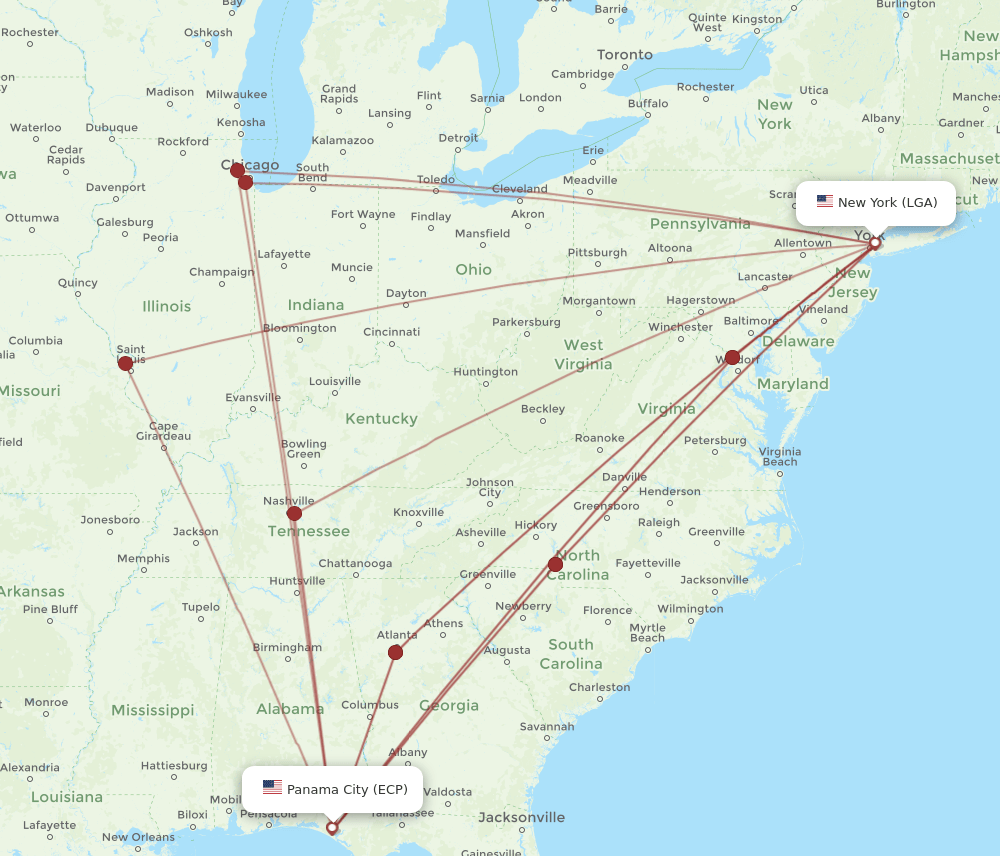 ECP-LGA flight routes