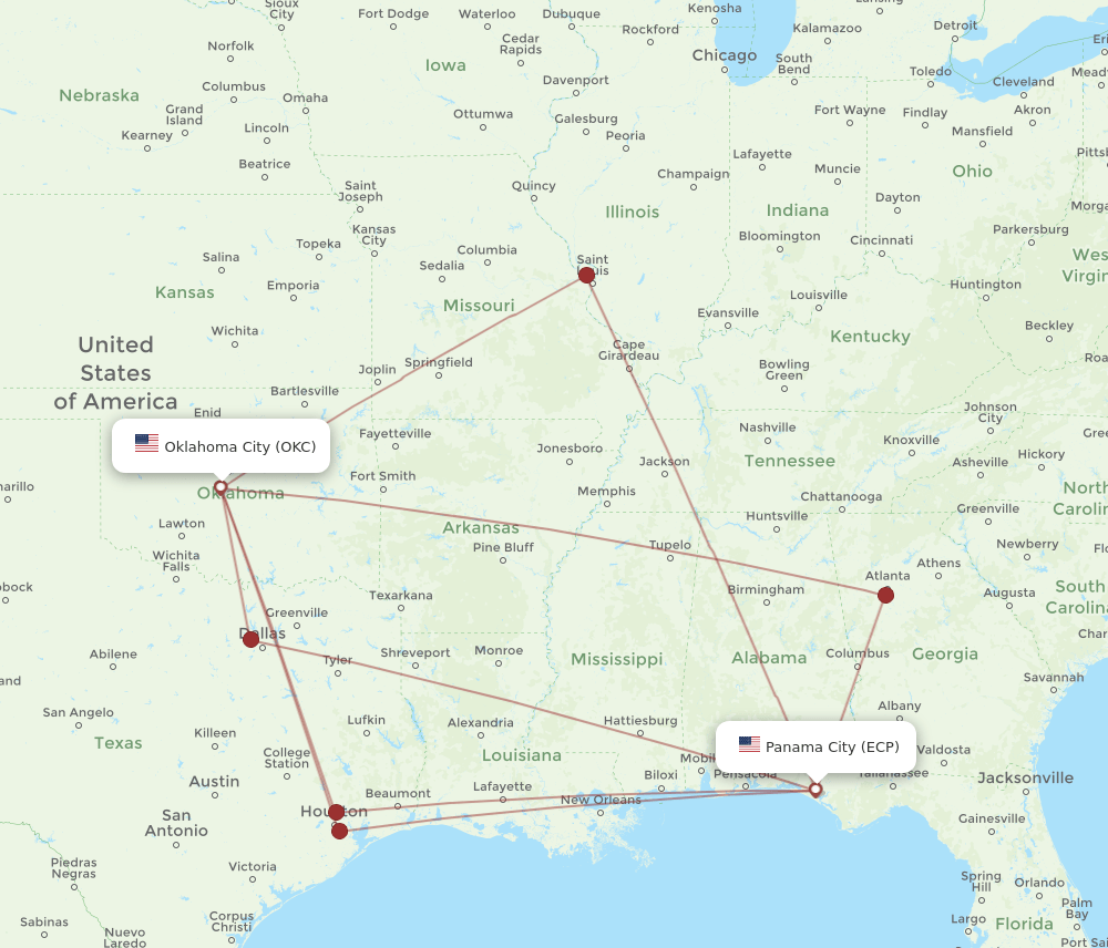 ECP-OKC flight routes