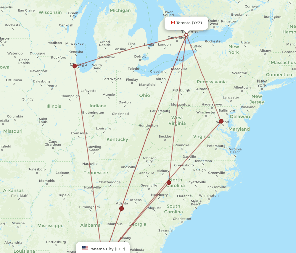 Toronto - Panama City route map and flight paths