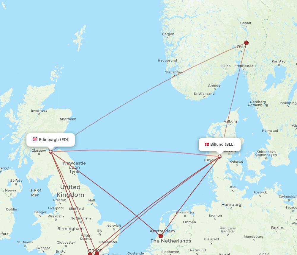 EDI to BLL flights and routes map
