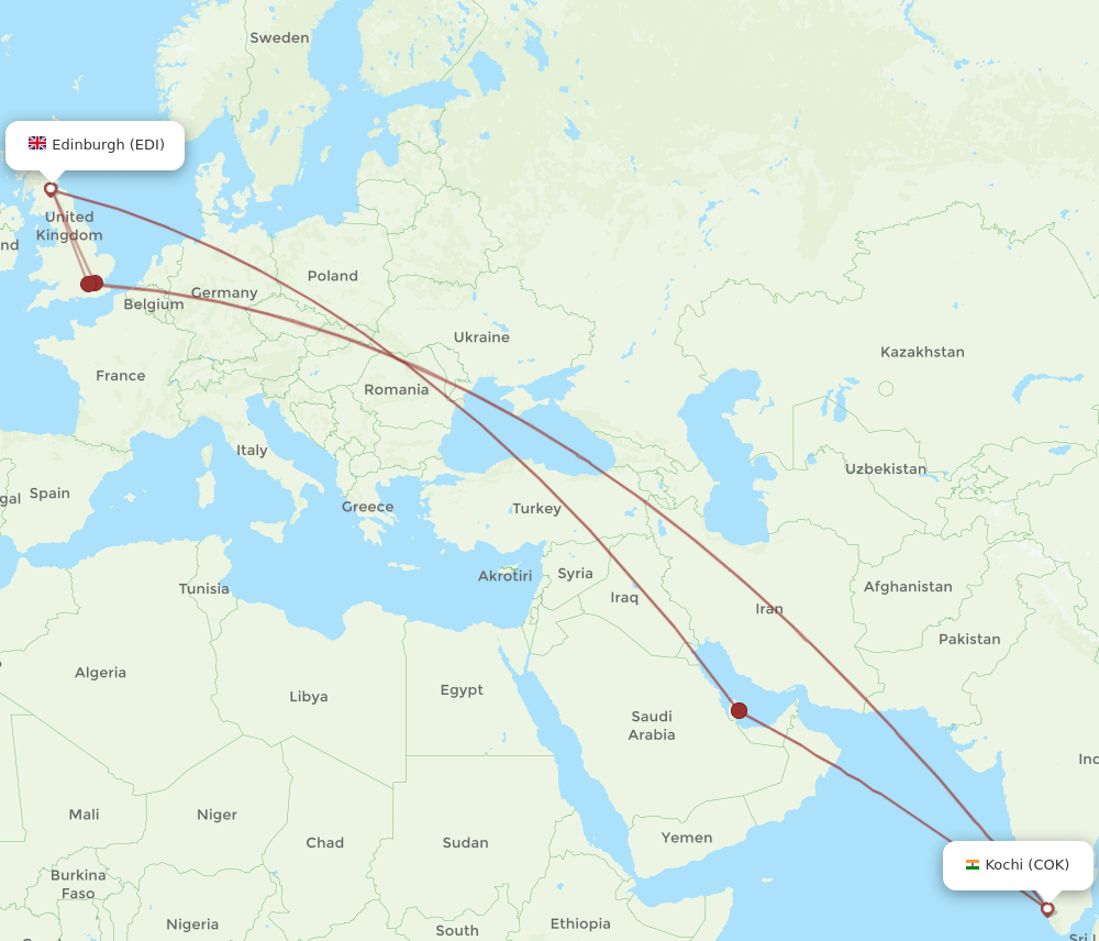 EDI to COK flights and routes map