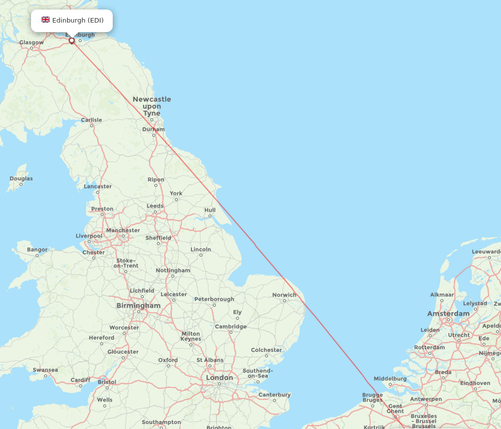 Edinburgh - Brussels route map and flight paths