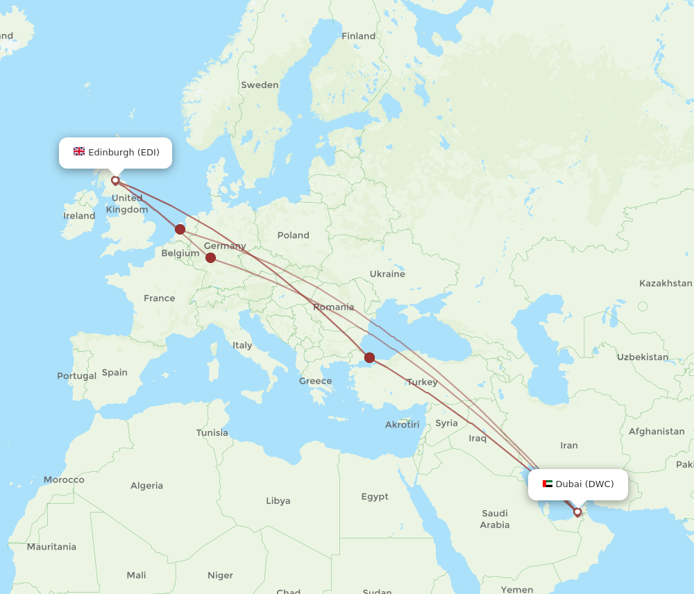 Edinburgh - Dubai route map and flight paths
