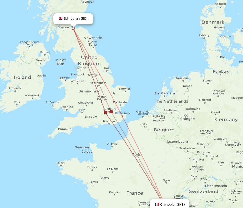 Edinburgh - Grenoble route map and flight paths