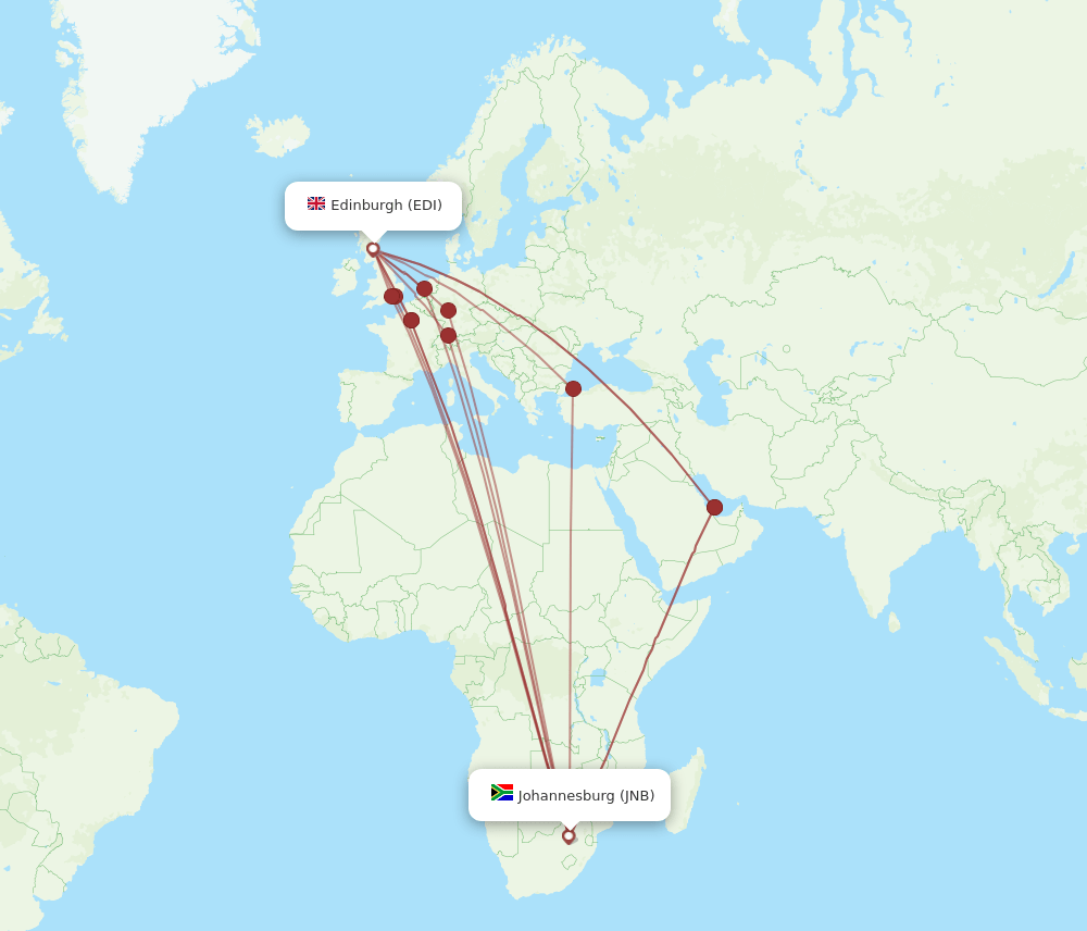 EDI to JNB flights and routes map