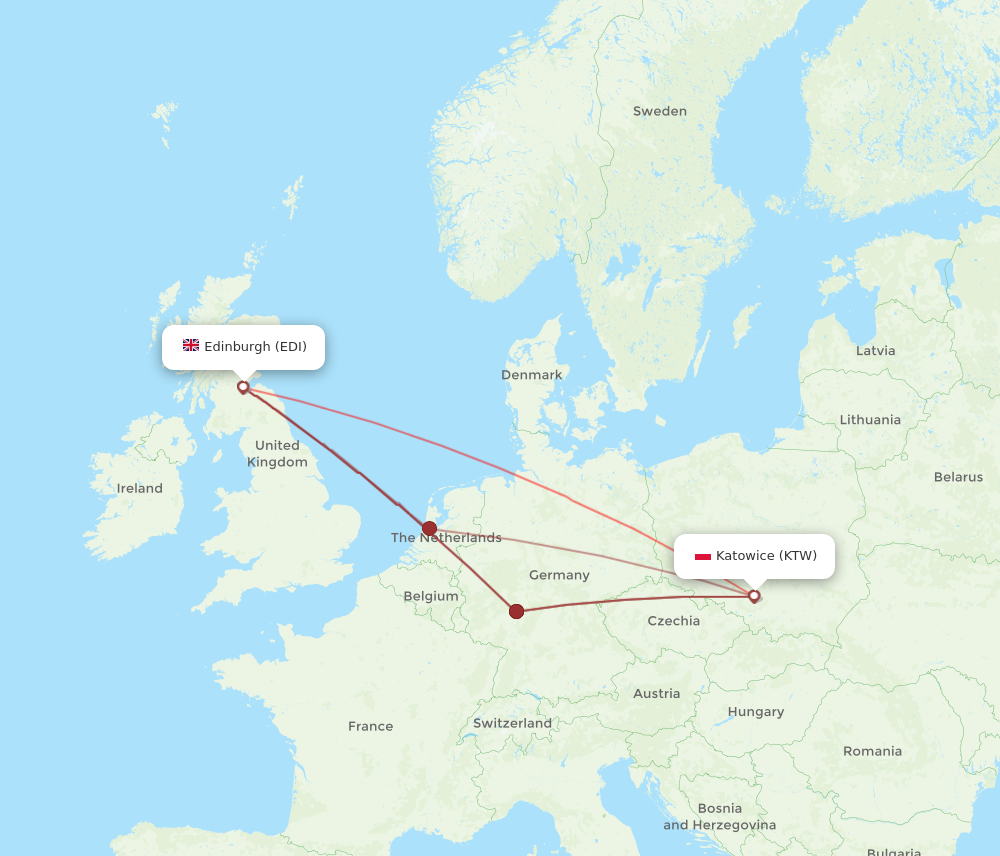 EDI to KTW flights and routes map