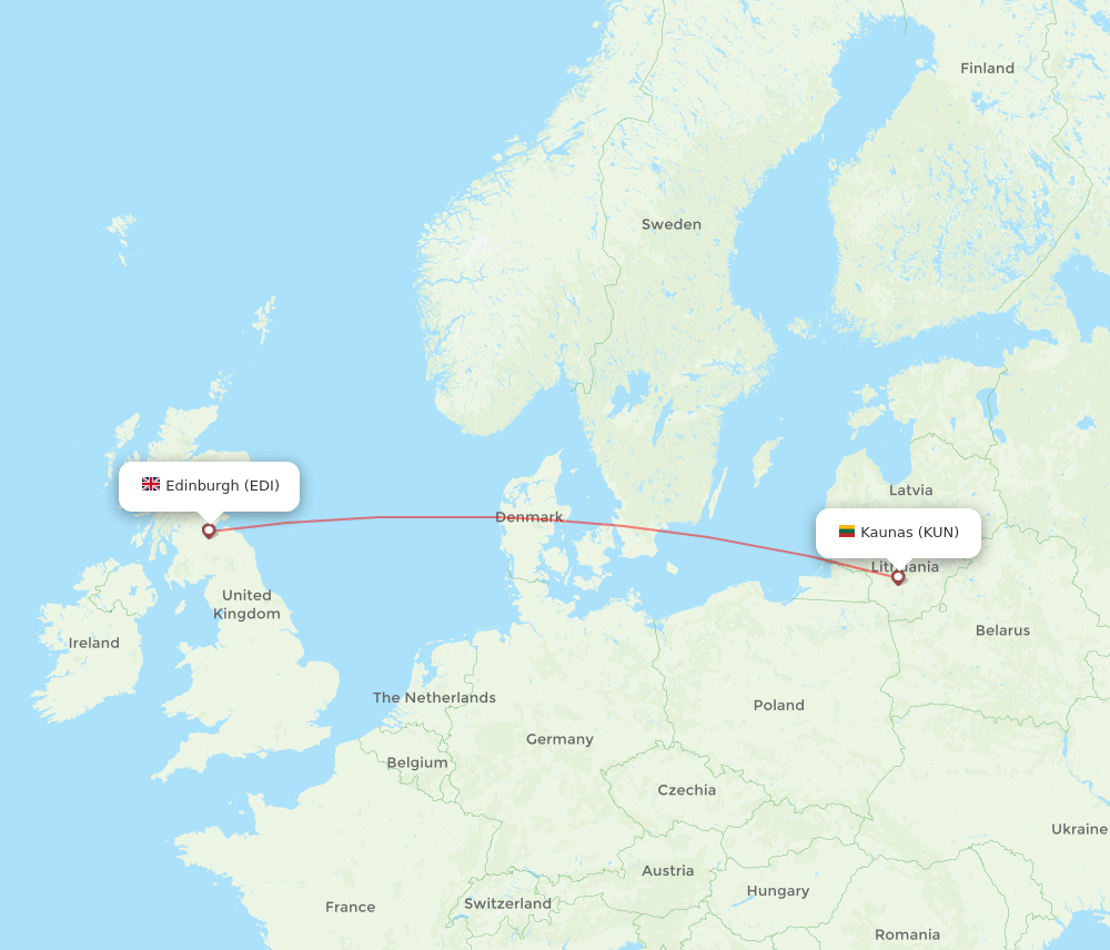 Edinburgh - Kaunas route map and flight paths