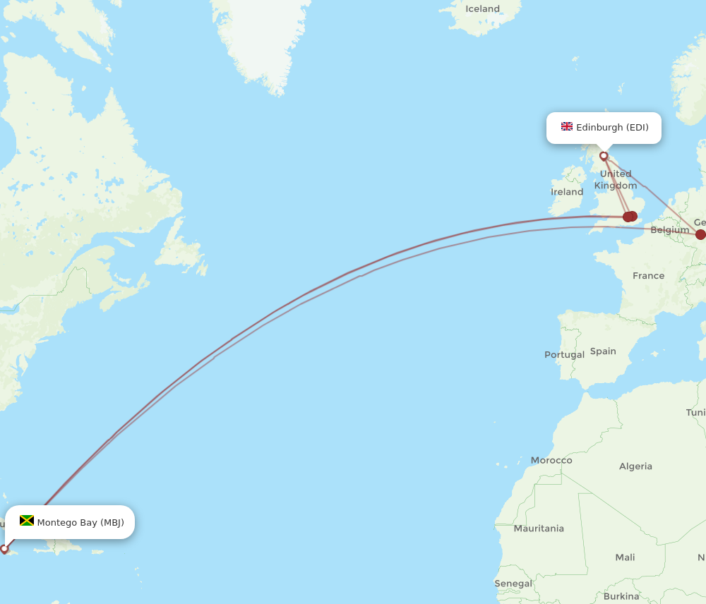 EDI to MBJ flights and routes map