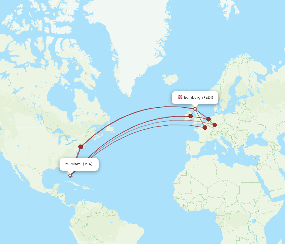EDI to MIA flights and routes map