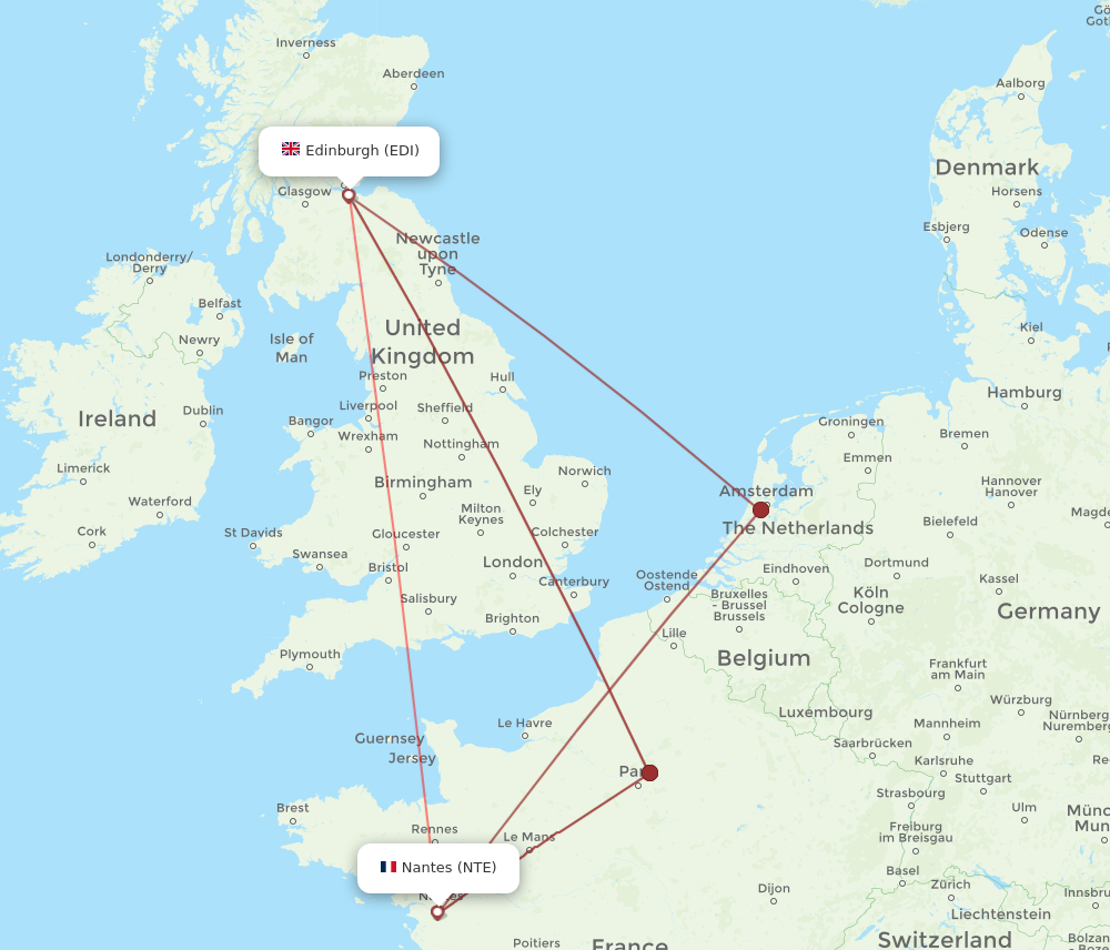 EDI to NTE flights and routes map