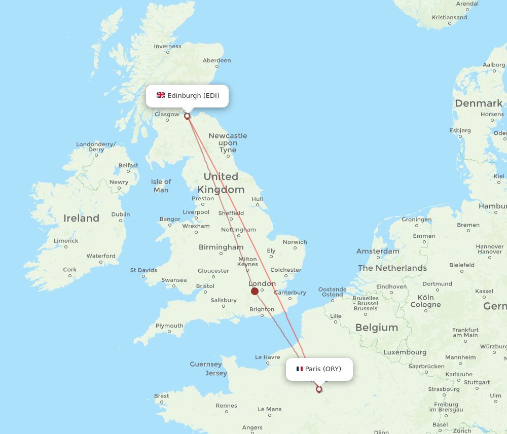 Edinburgh - Paris route map and flight paths