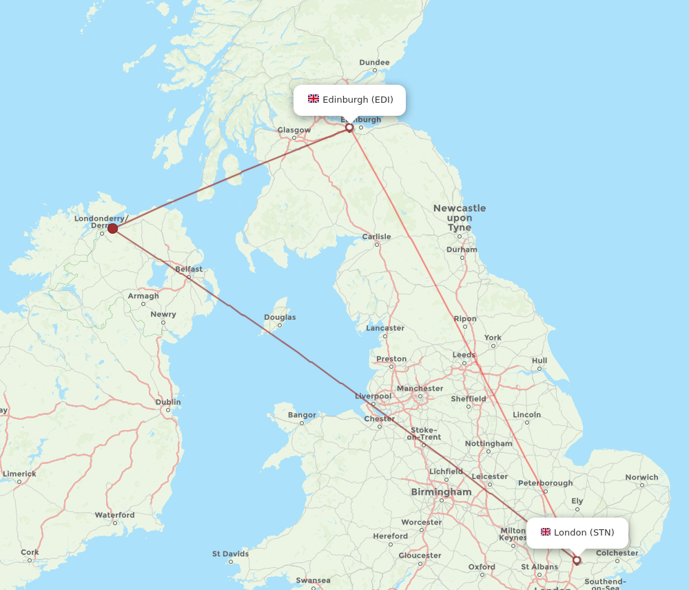 EDI to STN flights and routes map