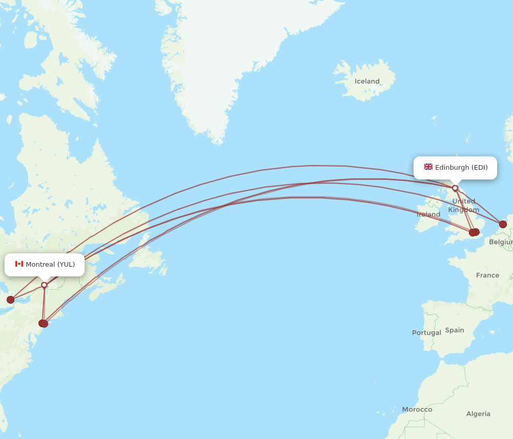 EDI to YUL flights and routes map