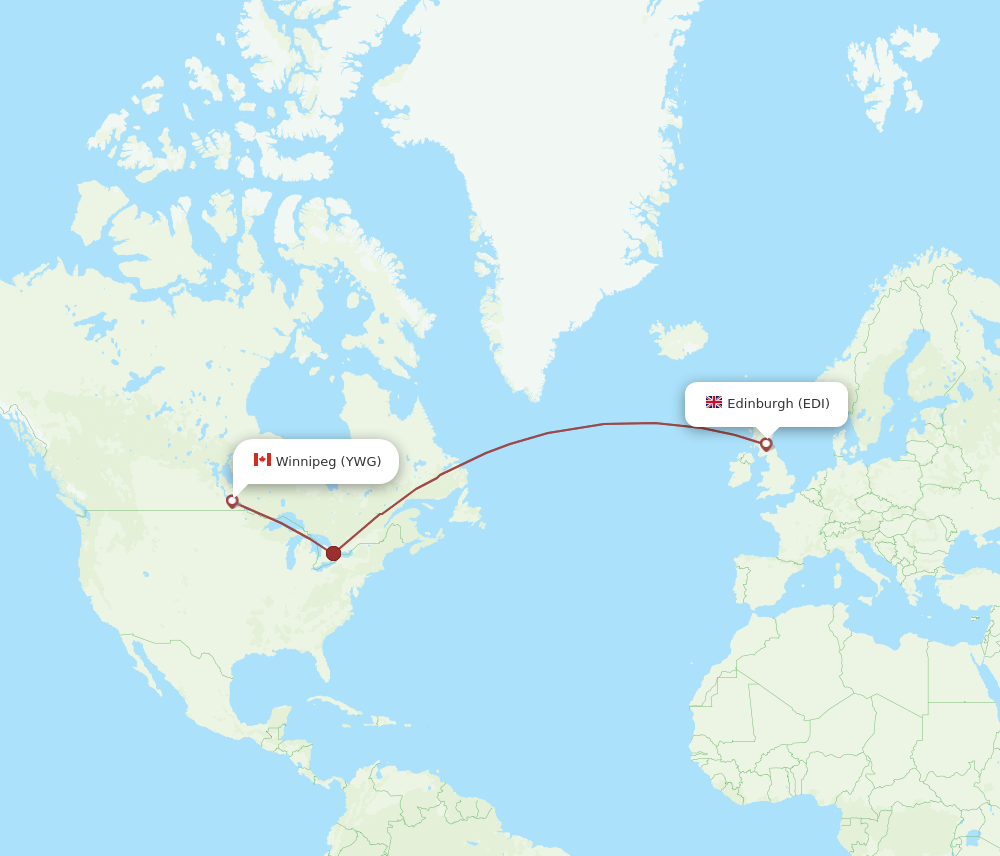 Winnipeg - Edinburgh route map and flight paths