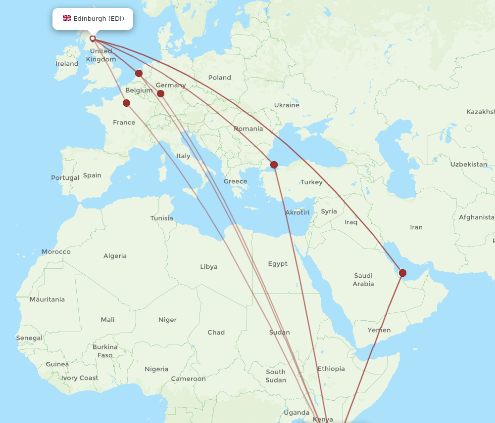 Zanzibar - Edinburgh route map and flight paths