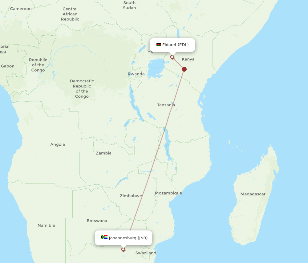 Johannesburg - Eldoret route map and flight paths