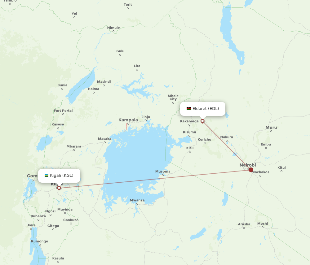 EDL to KGL flights and routes map