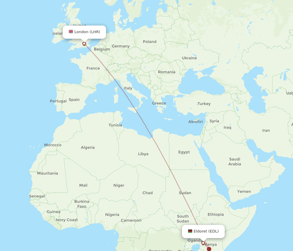 London - Eldoret route map and flight paths