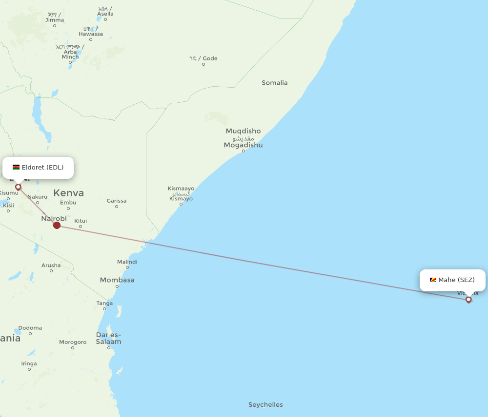 Mahe Island - Eldoret route map and flight paths