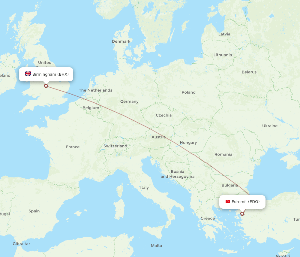 Birmingham - Edremit route map and flight paths