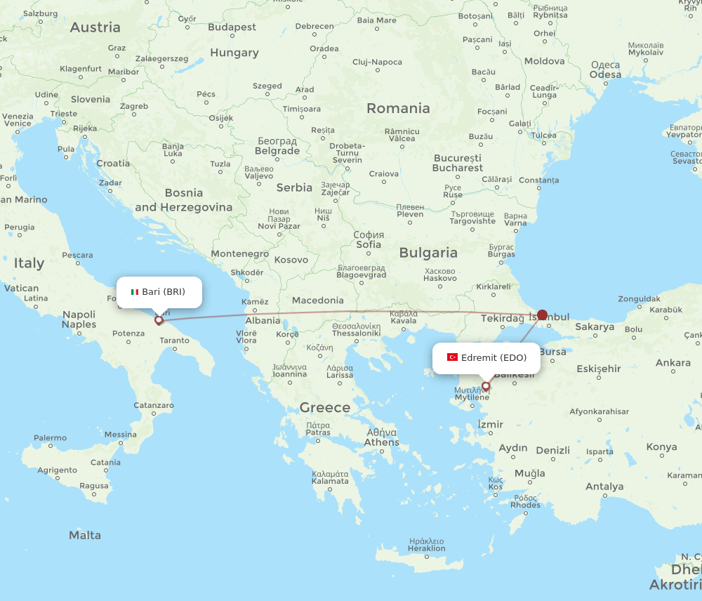 Bari - Edremit route map and flight paths