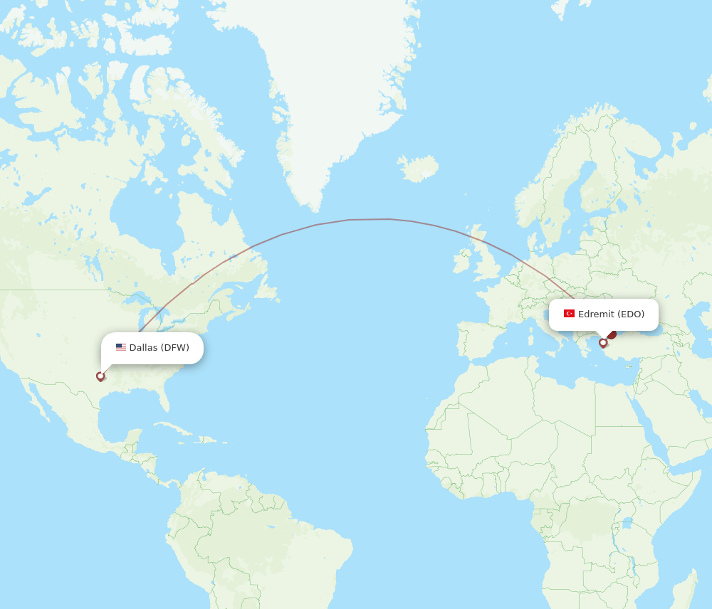 Dallas - Edremit route map and flight paths