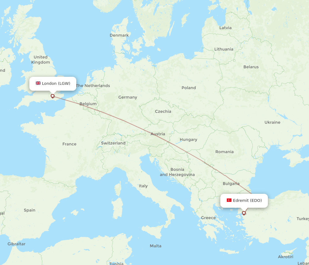 London - Edremit route map and flight paths