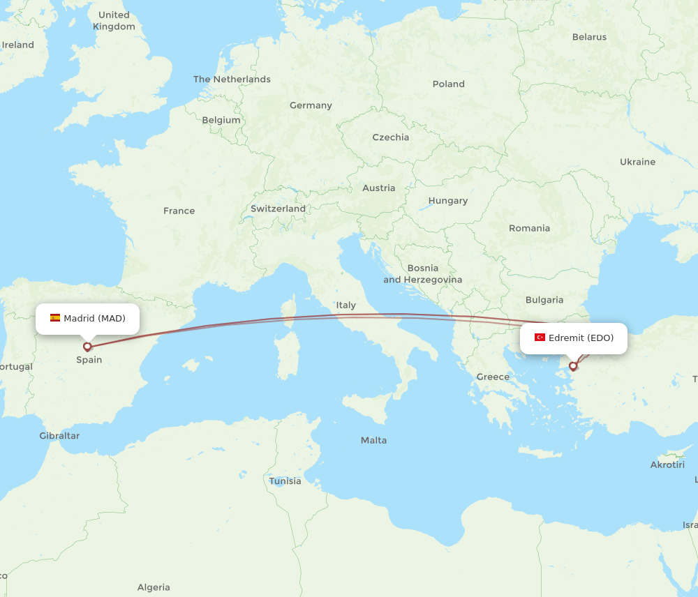 Madrid - Edremit route map and flight paths