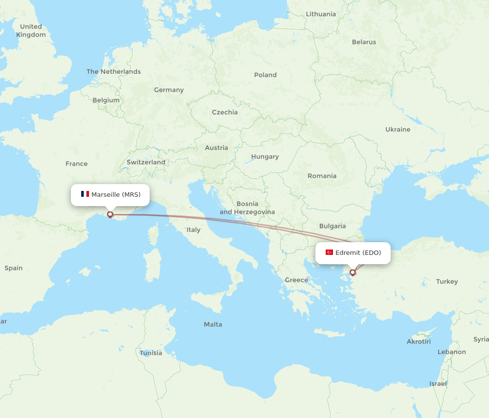 Marseille - Edremit route map and flight paths