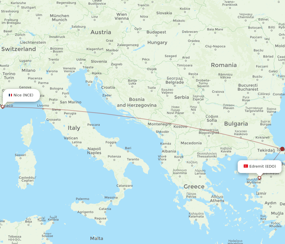 Nice - Edremit route map and flight paths