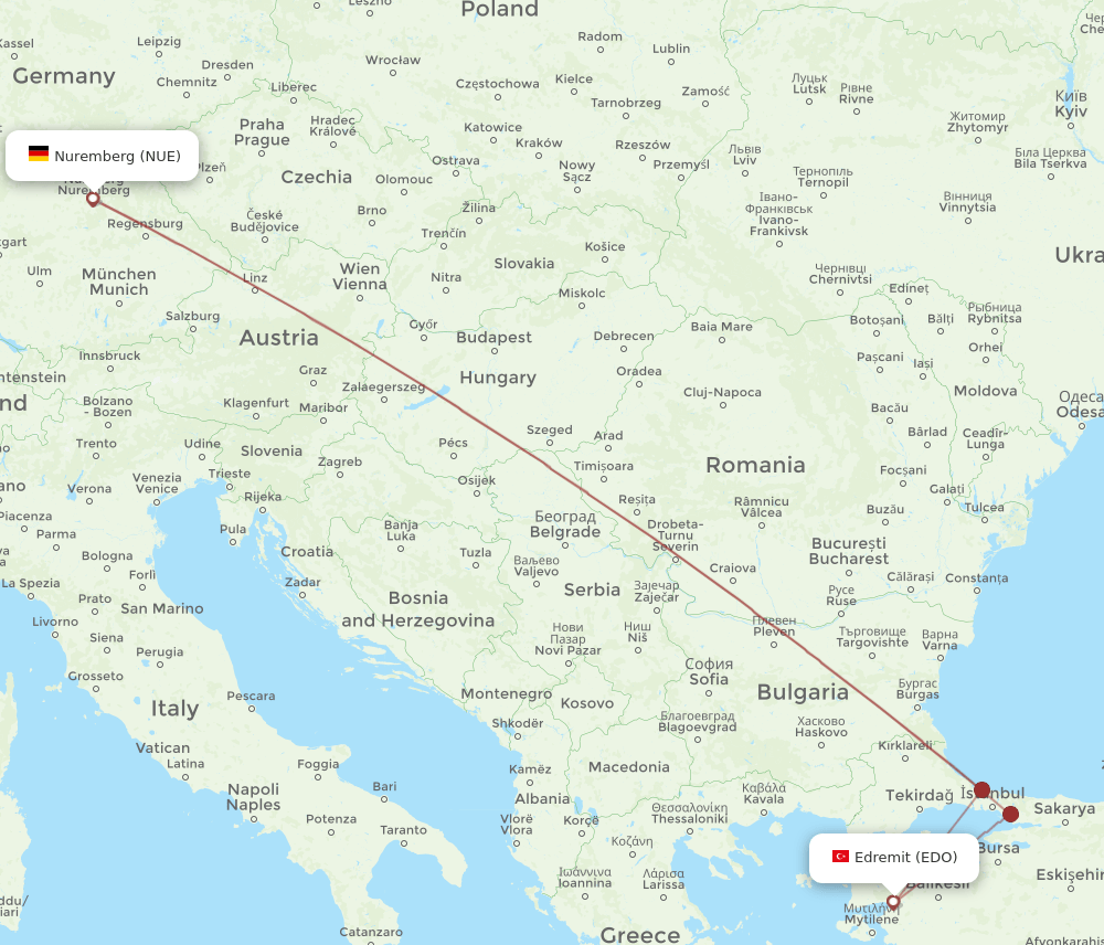 EDO to NUE flights and routes map