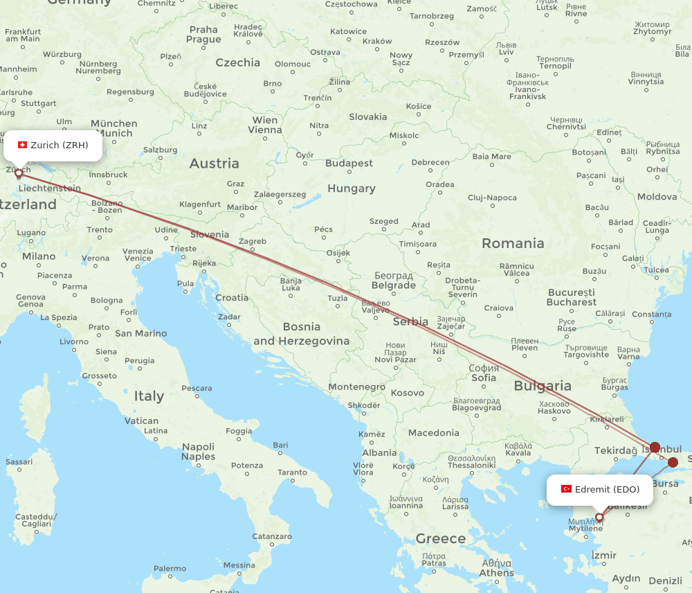 Zurich - Edremit route map and flight paths