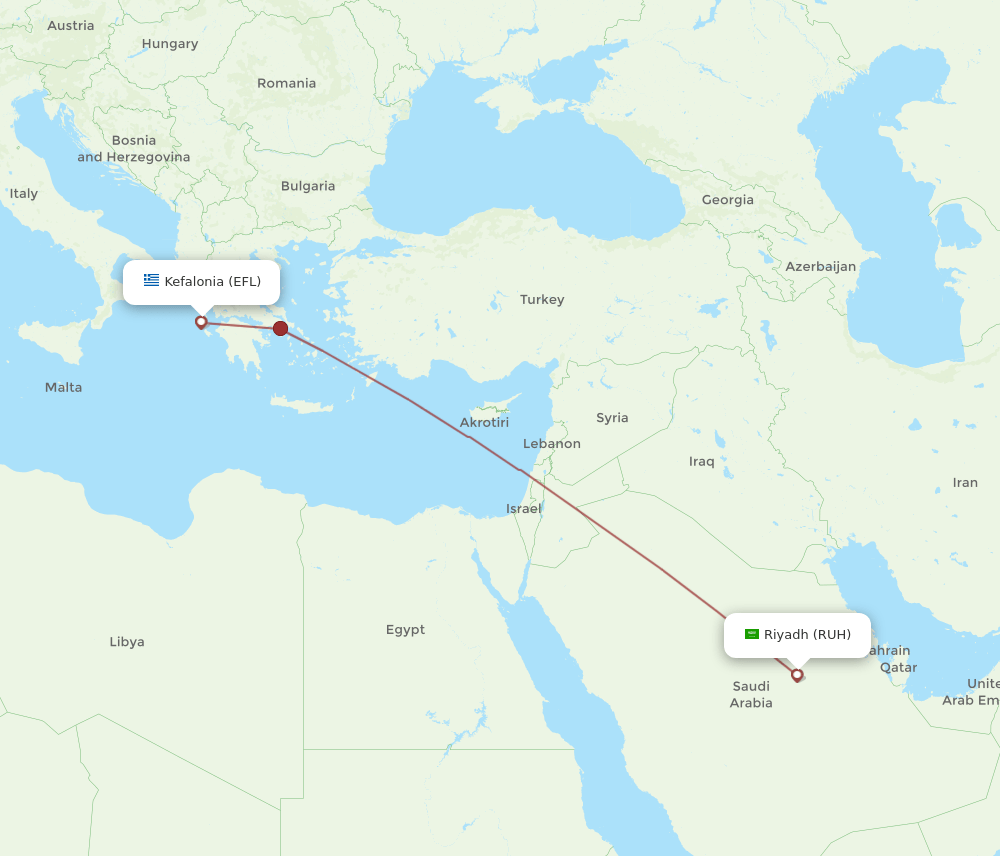 Riyadh - Kefallinia route map and flight paths