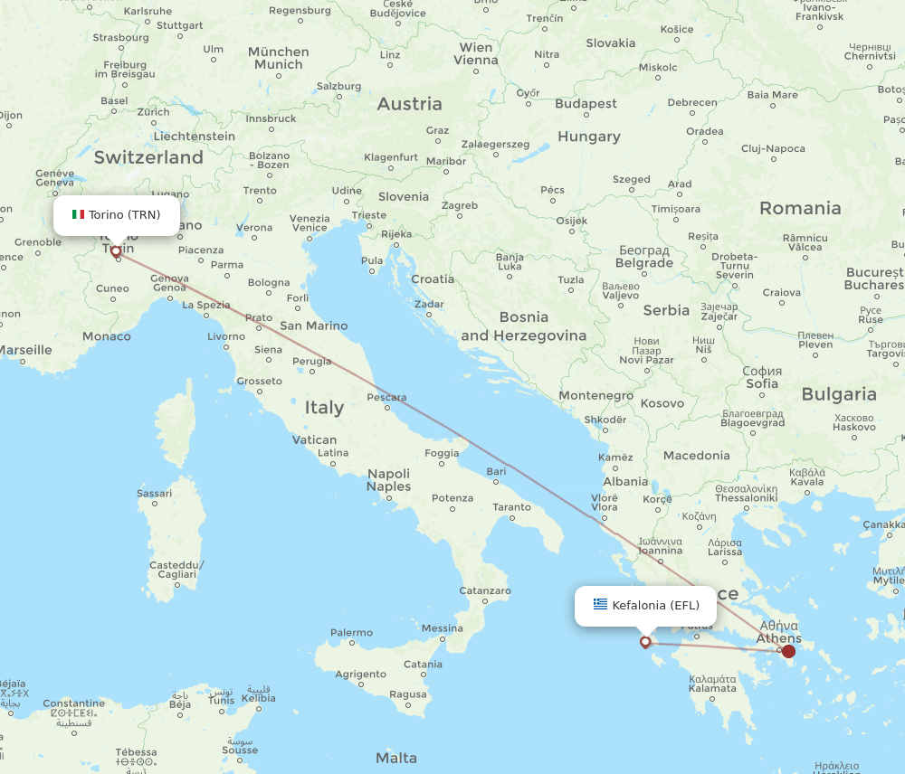 Turin - Kefallinia route map and flight paths