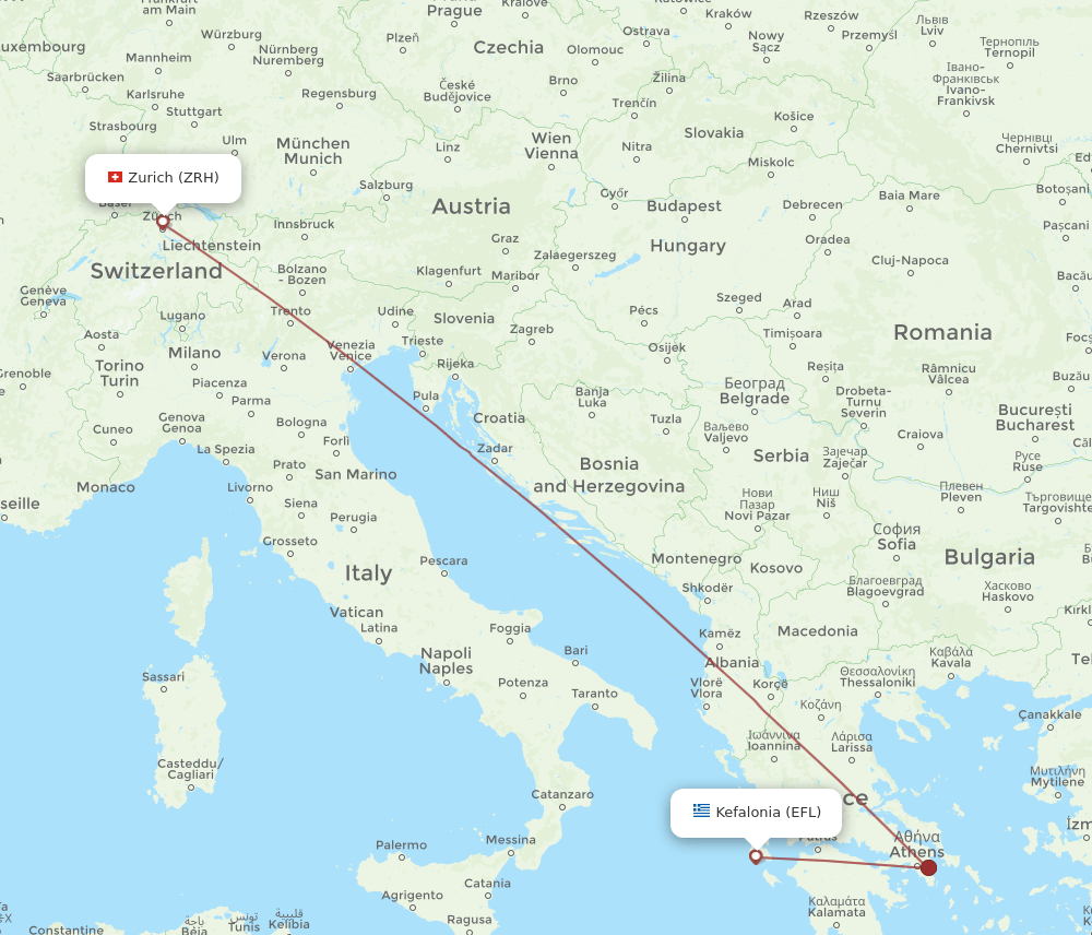 Zurich - Kefallinia route map and flight paths