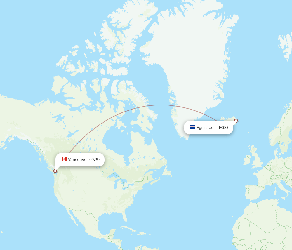 Vancouver - Egilsstadir route map and flight paths