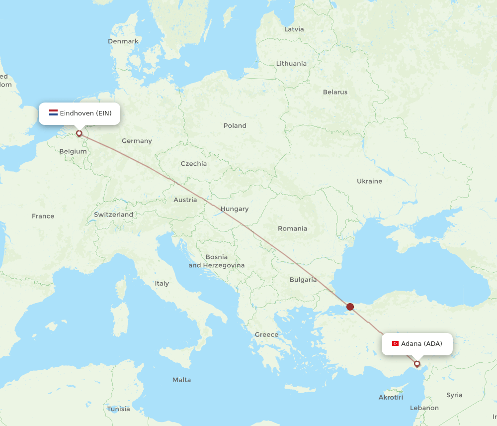 Eindhoven - Adana route map and flight paths