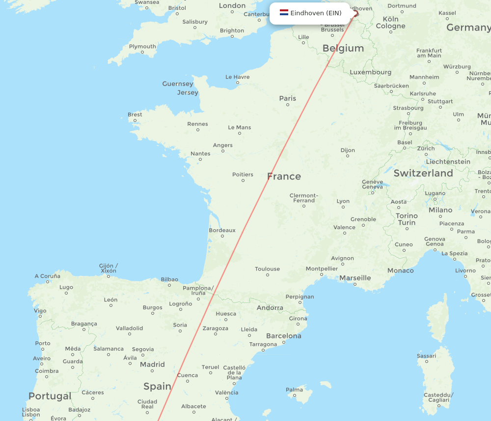 Eindhoven - Malaga route map and flight paths