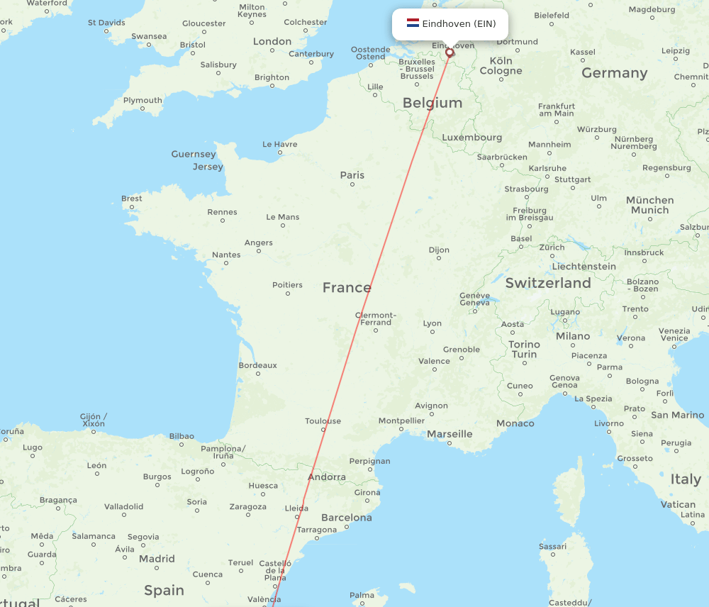 Eindhoven - Alicante route map and flight paths