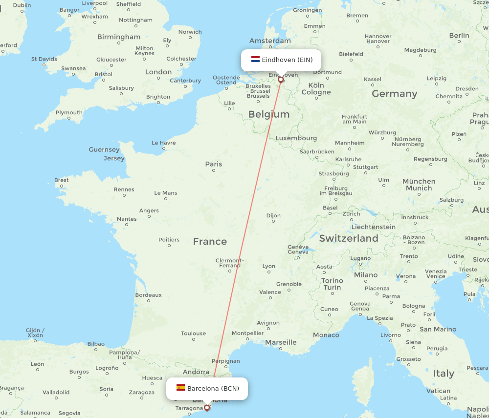 Eindhoven - Barcelona route map and flight paths