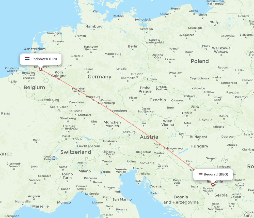Eindhoven - Belgrade route map and flight paths