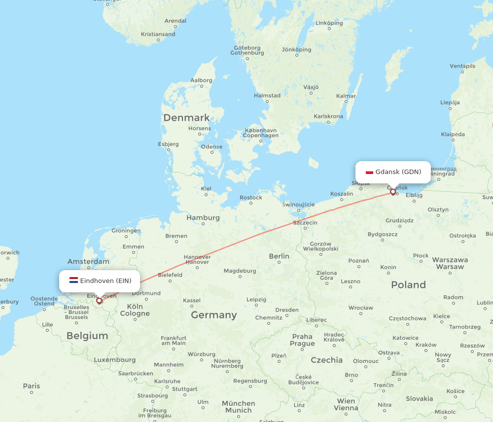 Eindhoven - Gdansk route map and flight paths