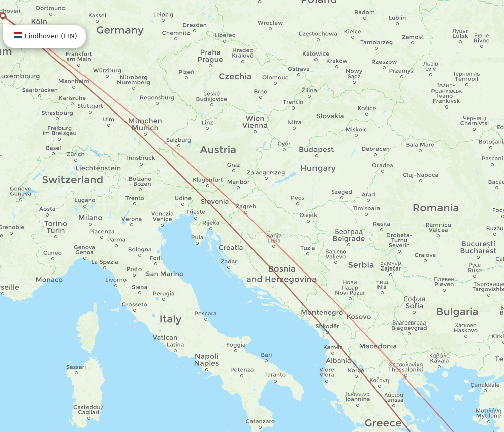 Eindhoven - Kos route map and flight paths
