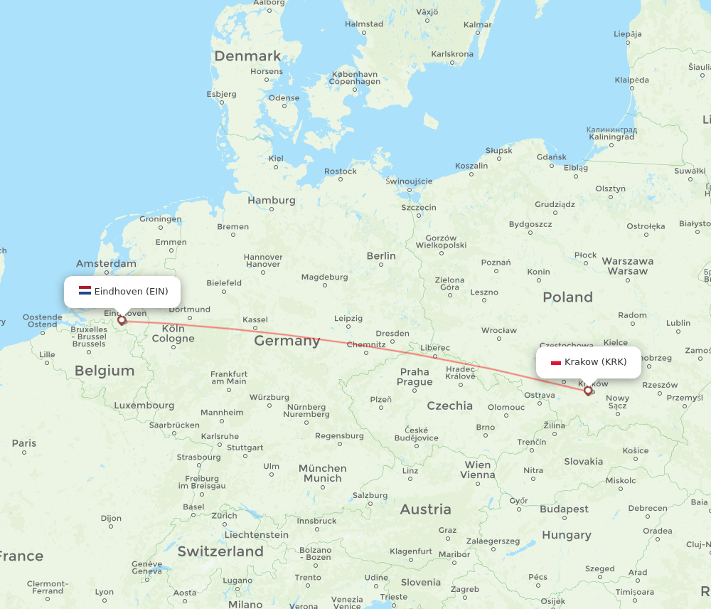 Eindhoven - Krakow route map and flight paths