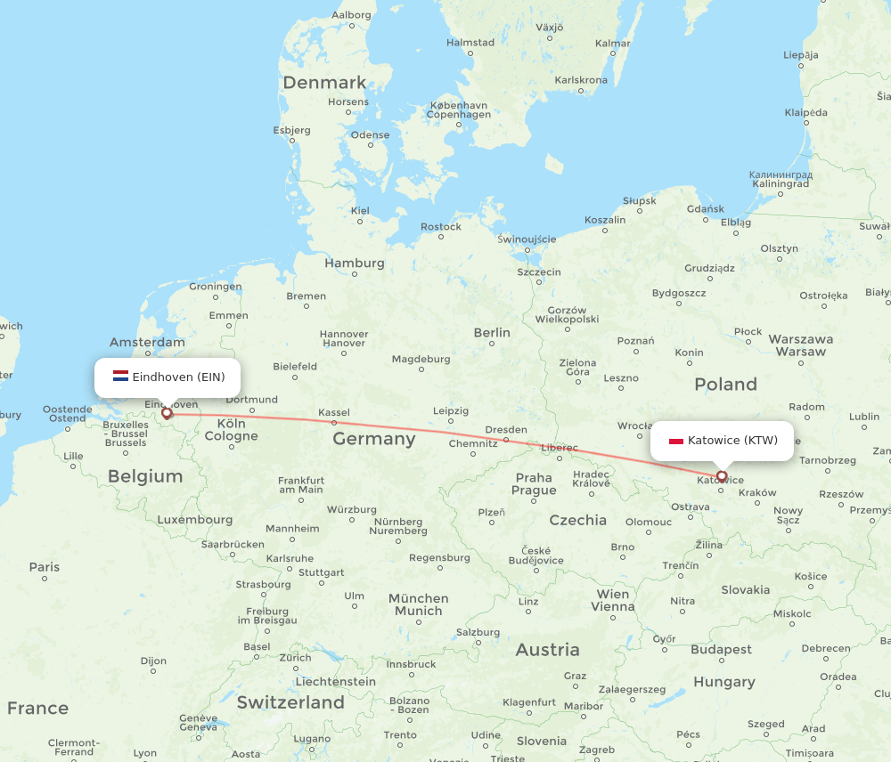 Eindhoven - Katowice route map and flight paths